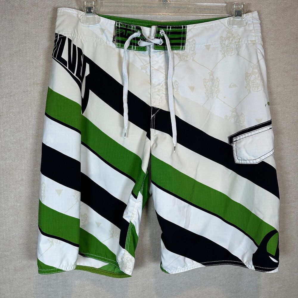 Vintage Y2K Quiksilver Mens 33 White Green Black Striped Board Shorts